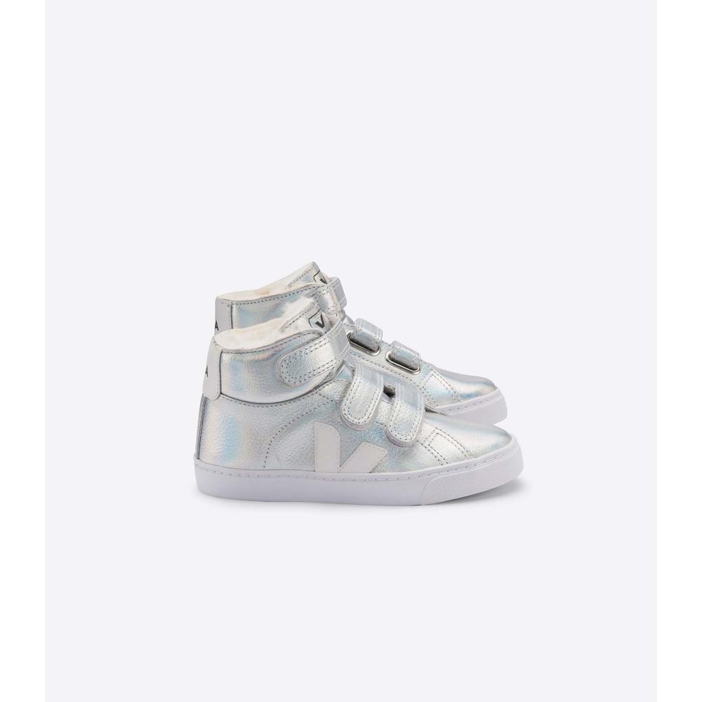 Kids\' Veja ESPLAR MID FURED LEATHER High Tops Silver/White | SG 693CTV